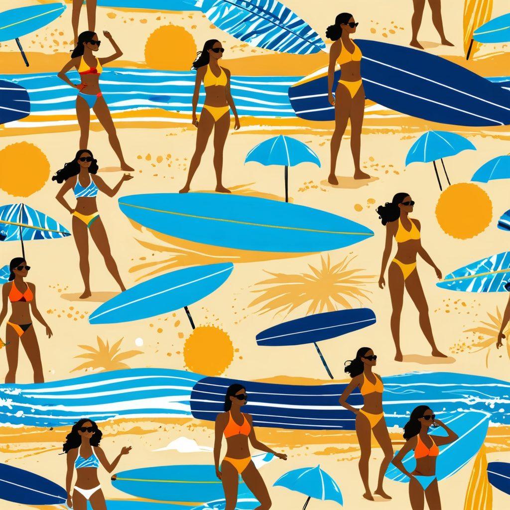 A dynamic beach scene showcasing stylish swimwear designed for sports activities. Feature active individuals playing beach volleyball and surfing, exuding confidence and energy. Incorporate bright sunlight, blue waves, and golden sand to evoke a vibrant summer vibe. Include trendy accessories like sunglasses and beach towels with a sporty flair. modern illustration. vibrant colors. high contrast.