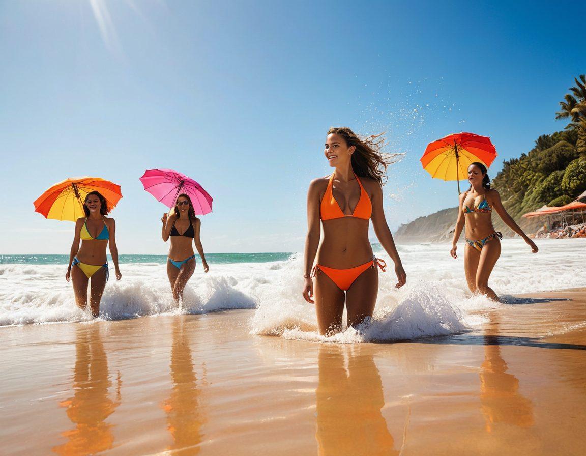 A dynamic scene featuring a vibrant beach setting, showcasing a group of diverse models sporting stylish bikinis designed for sports performance, engaging in activities like beach volleyball and surfing. The sun is shining, waves are crashing, and colorful beach umbrellas create a lively atmosphere. Add splashes of bright colors to convey energy and fun. super-realistic. vibrant colors. sunny beach backdrop.